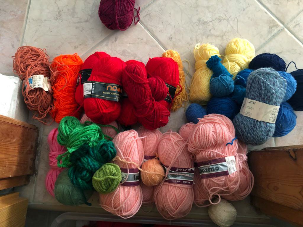Assorted recycled yarn skeins and palettes